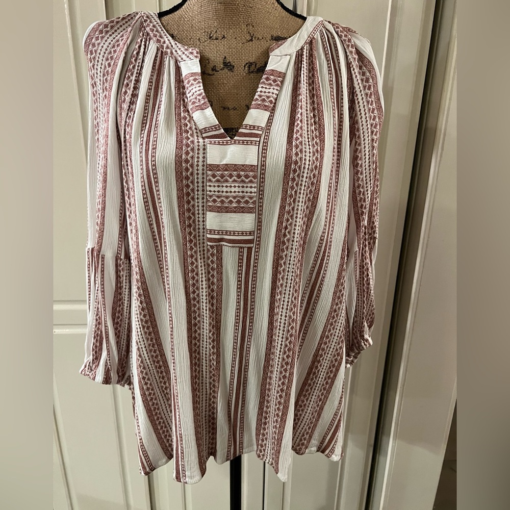 Red and white stripe 3/4 length sleeve women’s top Brina and ‘Em